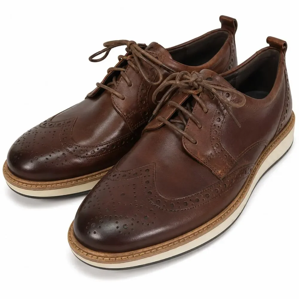 ECCO ST.1 Hybrid Brown Leather Wingtip Brogue Derby Shoes Mens EU 41/US 7/UK 7.5